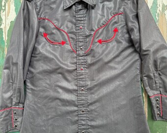 Vintage 1970s snap button H Bar C embroidered shiny shirt