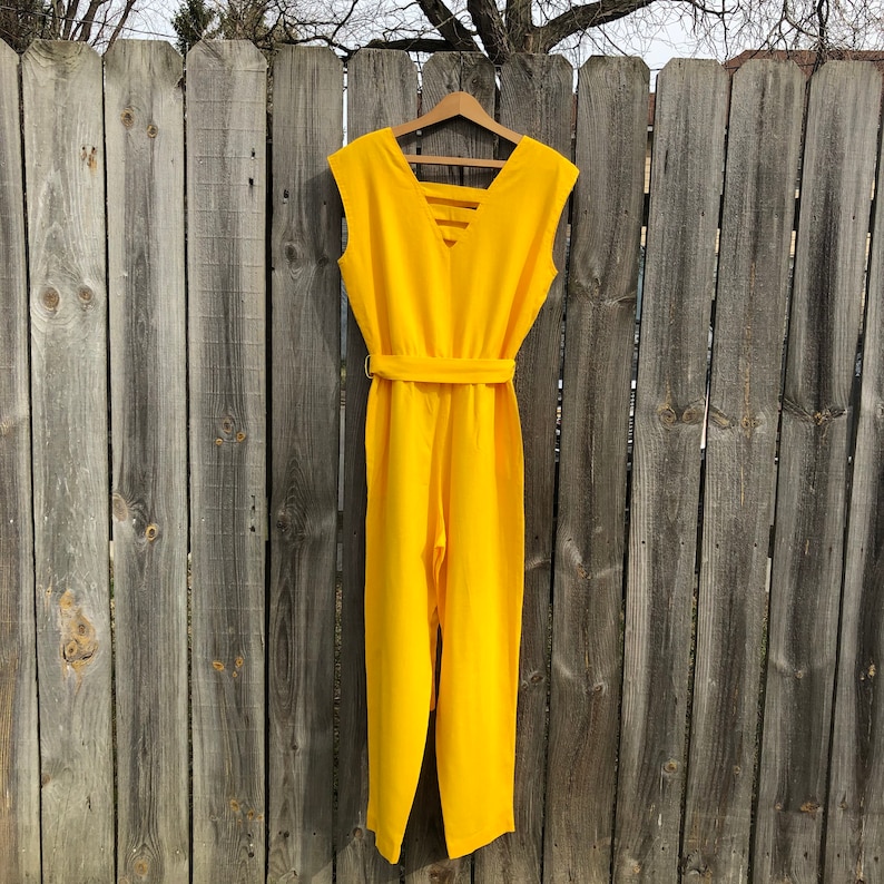 Vintage and handmade cottonlinen bright yellow jumpsuit with cool geometric neckline free shipping