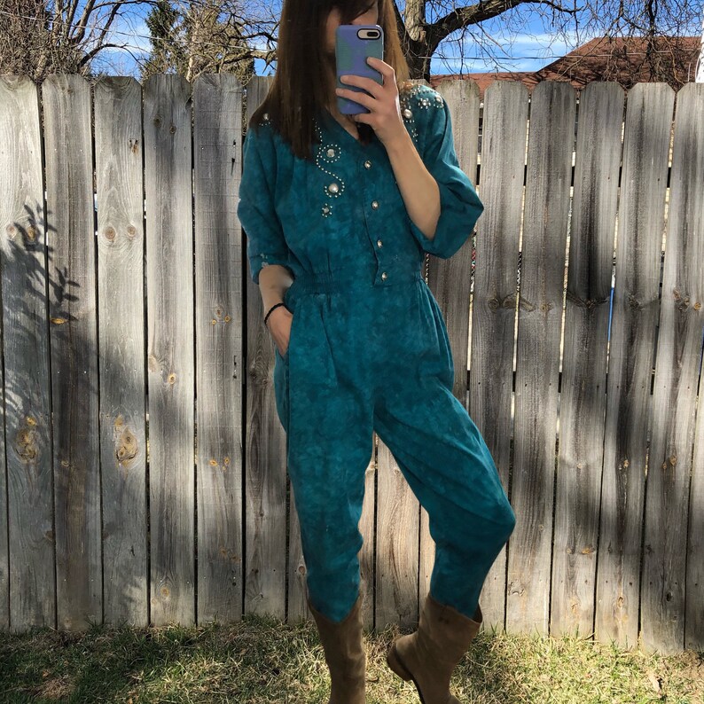 Vintage Tie Dyed Embellished Denim Boiler Suit, Made in USA image 4