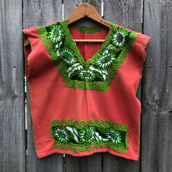 Vintage intricate green embroidery on rust orange… - image 1