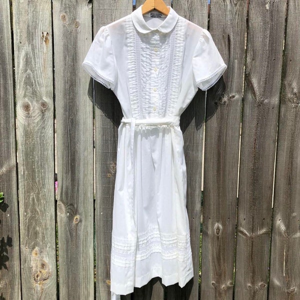 1970s sheer white cotton summer dress with amazing details and puff sleeve