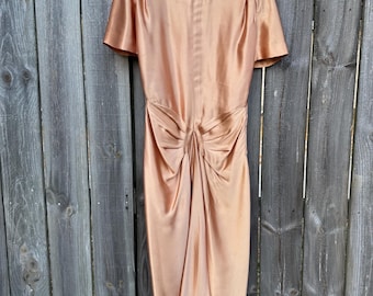 vintage 1940s satin liquid copper peach silky dress, old Hollywood