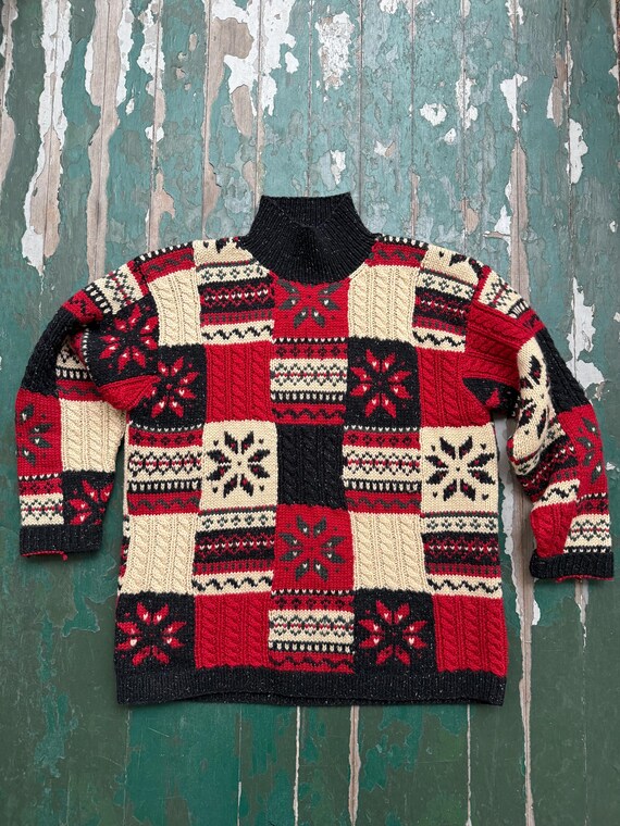 vintage patchwork pattern snowflake holiday sweat… - image 1