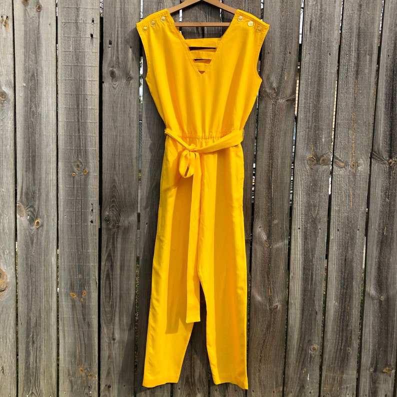 Vintage and handmade cottonlinen bright yellow jumpsuit with cool geometric neckline free shipping