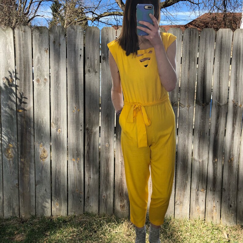 Vintage and handmade cottonlinen bright yellow jumpsuit with cool geometric neckline free shipping