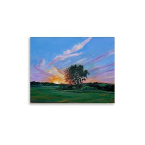 Kunstdruck „Sonnenuntergang in der Prärie“, Ölgemälde eines Sonnenuntergangs über Feldern, Wandbild mit rosa-orangem Himmel, Landschaftsdruck, Dekoration im Stil des Mittleren Westens