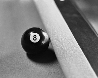 Photograph of an 8 ball on a Pool Table - Black and White