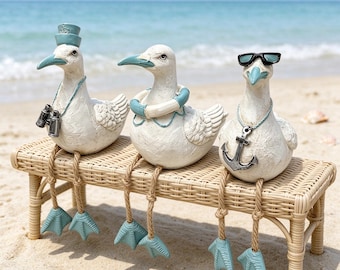Figuritas de gaviotas costeras con patas colgantes de cuerda de yute, estatua náutica de gaviota, decoración para casas de playa y estanterías junto al mar, regalo perfecto para amantes de la playa.