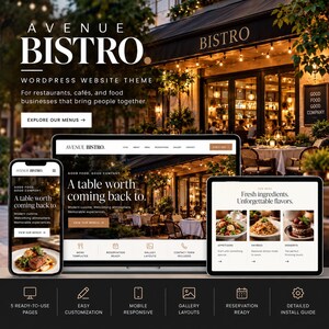 Avenue Bistro WordPress Website Theme | Customizable 5-Page Restaurant, Cafe & Bistro Website Template