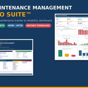 Maintenance Management Excel Template | CMMS Tracker, PM Planner, Work Oders MTBF Dashboard | Instant Download