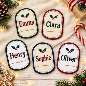 Personalized Christmas Name Patch, Custom Embroidered Holly Berry Badge, Festive Hook and Loop Patch, Kids Backpack and Stocking Name Tag