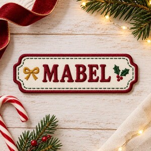 Personalized Christmas Name Patch, Custom Embroidered Holiday Name Tag, Holly Berry and Bow Hook and Loop Patch, Stocking Backpack Jacket