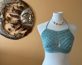 Blue Lotus Festival Top Crochet Bikini Crop Top Size Small B Cup