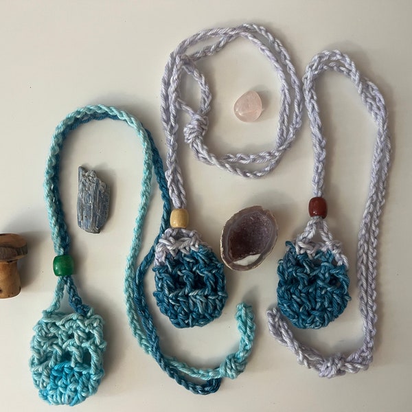 Crocheted Crystal Pouch Necklace - Blues