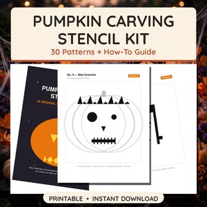 May include: A pumpkin carving stencil kit featuring 30 patterns and a how-to guide. The kit includes a black cover with an orange pumpkin graphic and white pages showing a Mad Scientist stencil design with black shapes for carving.