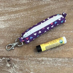 Hearts on Purple -  Lipstick Holder, Zipper Lip Balm Holder with Key Clip
