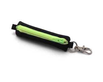 Lip Balm Holder, key chain pouch, chapstick holder - Black with Neon Lime Zipper