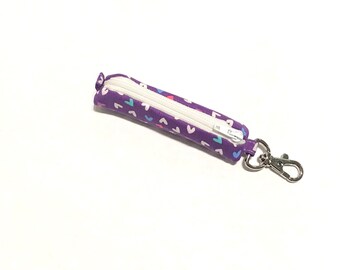 Hearts on Purple -  Lipstick Holder, Zipper Lip Balm Holder with Key Clip