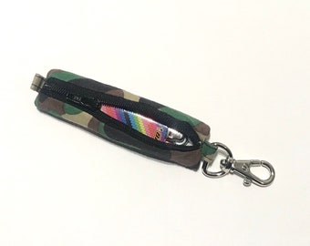 Green Camo - Clip on Lighter Storage, Zippered Lip Balm Keychain,