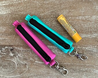 Pink or Aqua Neon - Eco Friendly Recycled Fabric - Lipstick or Chapstick Zippered Case with Keychain