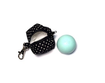 EOS style lip balm holder zipper pouch with clip - for circle or egg shape lip balms - Fits AirPods and AirPods Pro - Black and White Polka