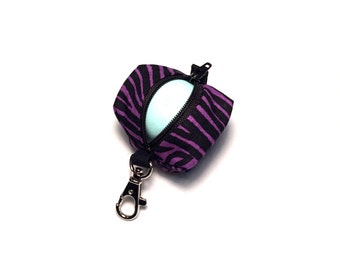 EOS style lip balm holder zipper pouch with clip - for circle or egg shape lip balms - Purple Zebra