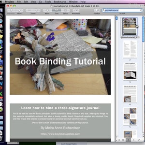 May include: A computer screen displaying a tutorial on bookbinding. The tutorial is titled "Book Binding Tutorial" and includes instructions on how to bind a three-signature journal. The tutorial is from the website keylimesupplies.com.