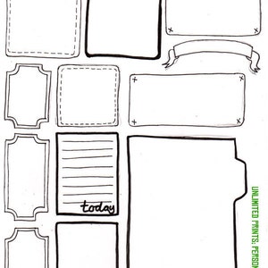 Set of 5 Digital Scrapbook, PDF Printable, Embellishment Journal Tags, Digital Download, Journaling Spots, Printable, Hand Drawn image 1