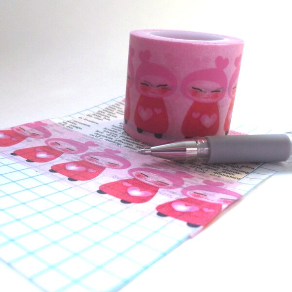 Extra Wide Washi Tape - Cute Pink Girls and Hearts