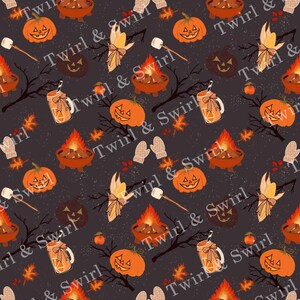 Cozy bonfire Halloween seamless pattern digital paper, pumpkin fire marshmallow pattern autumn fall festival fabric print cute scrapbook png