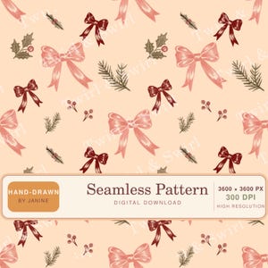 Coquette Christmas seamless pattern, pink bows, burgundy ribbons, vintage holiday, digital file, fabric print cute scrapbook png