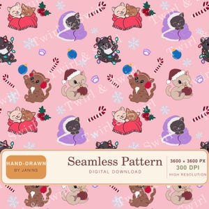 Christmas Cats Seamless Pattern PNG, Cute Kittens Pink Holiday Digital Paper, Cozy Cat Christmas Fabric Design, Pastel Xmas Pattern