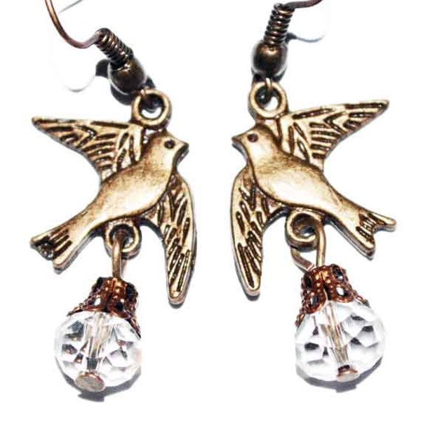 Bronze cute bird crystal earrings casual vintage boho mystical earrings ..affordable great gift