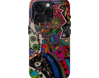 Saytel — Custodia resistente per iPhone 11-18 e Galaxy S21-S26 · Coque iPhone Samsung · Illustrazione di Claudine Lapointe