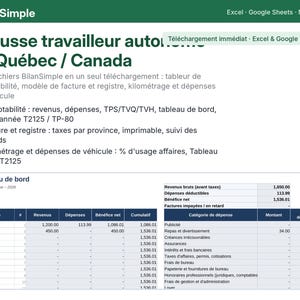 May include: A digital accounting spreadsheet template titled BilanSimple for self-employed workers in Quebec, Canada. It includes sections for income, expenses, taxes, mileage tracking, and a dashboard with monthly financial data tables.