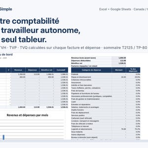 May include: A BilanSimple accounting spreadsheet for self-employed workers in Canada and Quebec, featuring a dashboard with monthly revenue, expense, and net profit tables, plus a bar chart for monthly income and expense tracking.