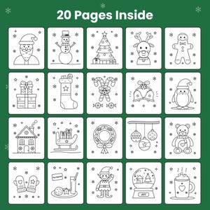 May include: A coloring book page featuring 20 individual squares with black and white line art illustrations of Christmas themes including Santa, a snowman, a tree, reindeer, gingerbread man, gifts, stocking, candy canes, bells, penguin, house, sleigh, wreath, ornaments, bear, mittens, cookies, elf, snow globe, and cocoa.
