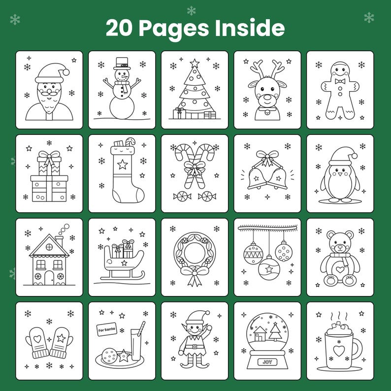 May include: A coloring book page featuring 20 individual squares with black and white line art illustrations of Christmas themes including Santa, a snowman, a tree, reindeer, gingerbread man, gifts, stocking, candy canes, bells, penguin, house, sleigh, wreath, ornaments, bear, mittens, cookies, elf, snow globe, and cocoa.