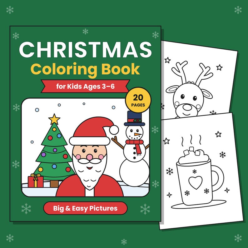 May include: A green Christmas coloring book for kids ages 3-6 with 20 pages. The cover features a Santa Claus, a Christmas tree, and a snowman. Two interior pages are visible, showing a reindeer and a mug with marshmallows.