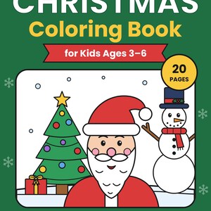 May include: A Christmas Coloring Book for Kids Ages 3-6 with 20 pages. The green cover features white snowflakes, a cartoon Santa Claus, a decorated Christmas tree, a snowman, and a red gift box. The text reads Big & Easy Pictures.