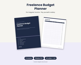 May include: A Freelance Budget Planner digital document set featuring a dark blue cover page with white text and a white interior page titled Income Log with a grid layout. The text includes Freelance Budget Planner and NeatyFiled.