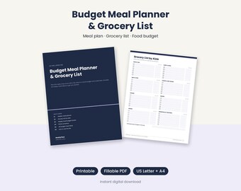 May include: A digital Budget Meal Planner & Grocery List document set. The dark blue cover page displays the title and a list of contents. The white interior page features a Grocery List by Aisle with checkboxes. Includes printable and fillable PDF formats in US Letter and A4 sizes.