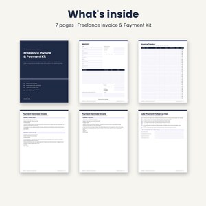 May include: A seven-page freelance invoice and payment kit featuring a dark blue cover page and white document templates including an invoice, invoice tracker, payment reminder emails, and a late-payment follow-up plan with text.