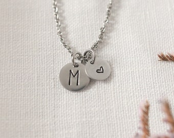 Initial necklace silver, Initial necklace for mom, Monogram necklace for women, monogram necklace circle, Initial necklace with heart