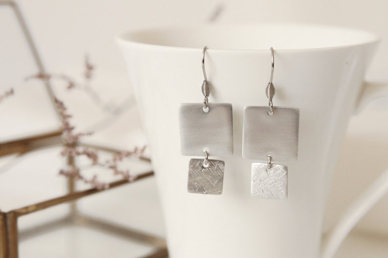 Square dangle earrings, Dangling drop earrings, dangling earrings women, drop earrings silver, Square earrings, Long earrings, Statement image 1