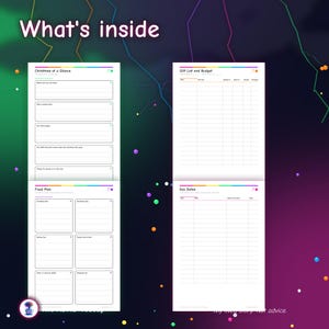 Puede incluir: Un conjunto de cuatro p&aacute;ginas de planificador blancas con texto negro y encabezados de colores del arco&iacute;ris. Las p&aacute;ginas se titulan Christmas at a Glance, Gift List and Budget, Food Plan y Key Dates, con secciones rayadas y tablas organizativas.