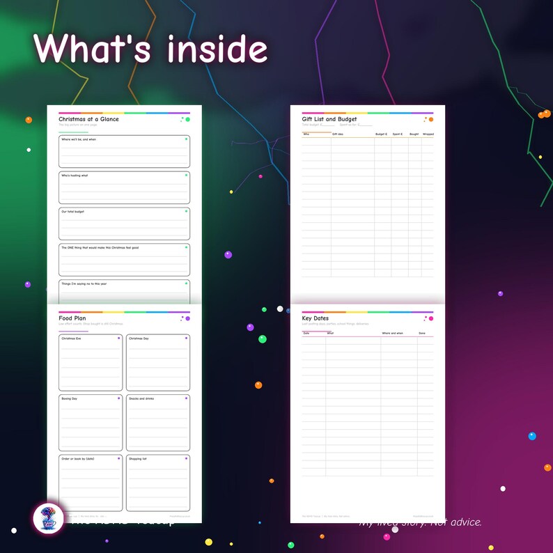 Puede incluir: Un conjunto de cuatro p&aacute;ginas de planificador blancas con texto negro y encabezados de colores del arco&iacute;ris. Las p&aacute;ginas se titulan Christmas at a Glance, Gift List and Budget, Food Plan y Key Dates, con secciones rayadas y tablas organizativas.