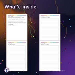Pu&ograve; includere: Un layout di diario digitale con il testo What's inside in alto. Le pagine includono sezioni intitolate Before you start, Prompt 1: A day my brain felt like a storm, Prompt 14: What I was like as a kid e Prompt 30: My storm, in my own words.