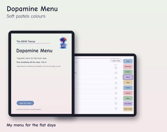 Planificador digital de menú de dopamina para TDAH, menú de dopamina de GoodNotes, PDF con hipervínculos para iPad y Android, ideas para días con fondo plano, tonos pastel suaves.