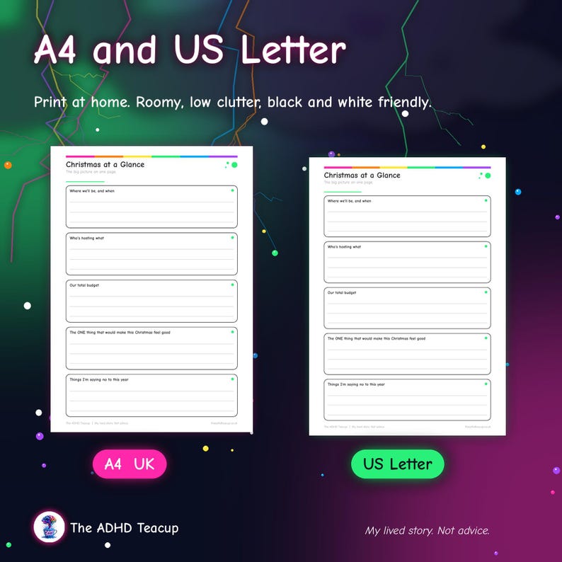 Puede incluir: Dos hojas de planificaci&oacute;n navide&ntilde;a tituladas Christmas at a Glance en tama&ntilde;os A4 y US Letter. Cada p&aacute;gina blanca presenta texto en negro, secciones con l&iacute;neas para la organizaci&oacute;n y un borde superior colorido.
